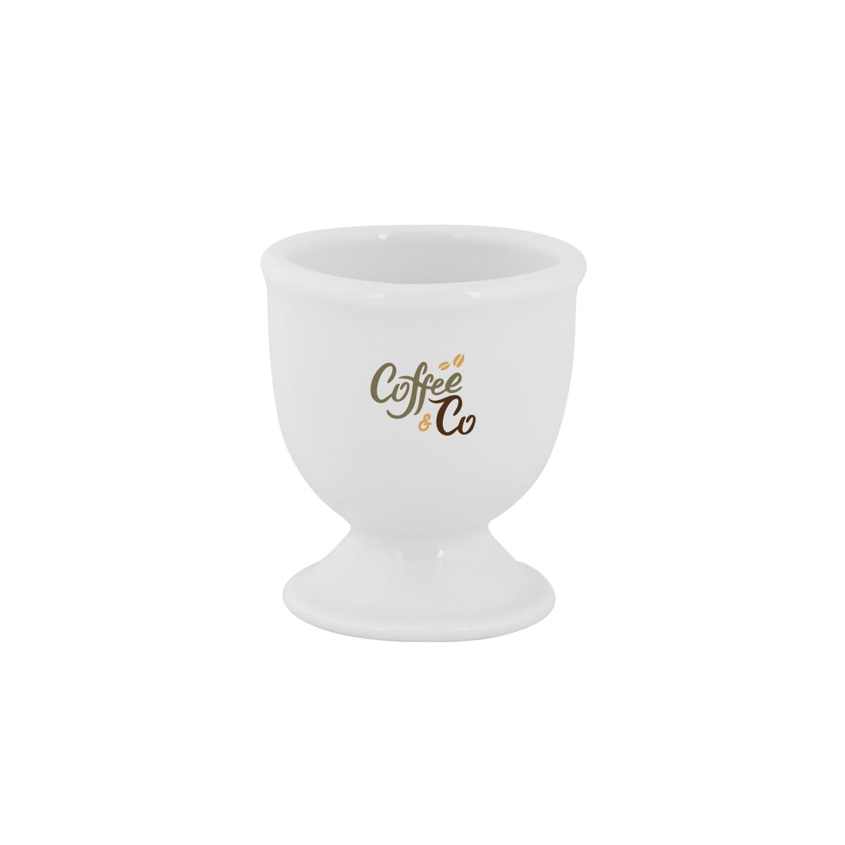 Porseleinen eierdopje Essentials met CoffeeCo-logo in meerdere kleuren op de voorkant, wit servies met opdruk.