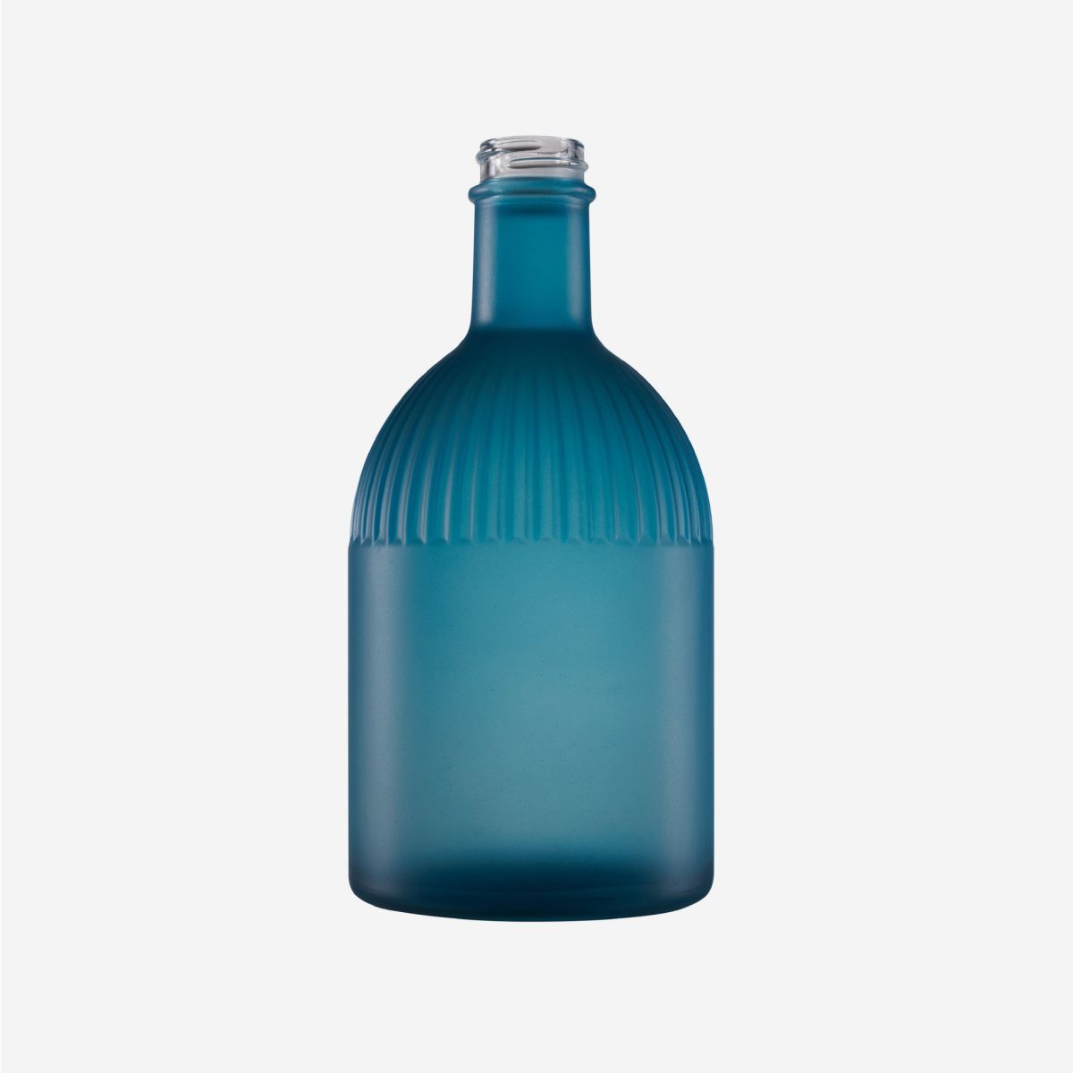 Fles Florence 0,5 liter van helder blauw glas, weergegeven in vooraanzicht met nadruk op vorm en inhoud van de fles.