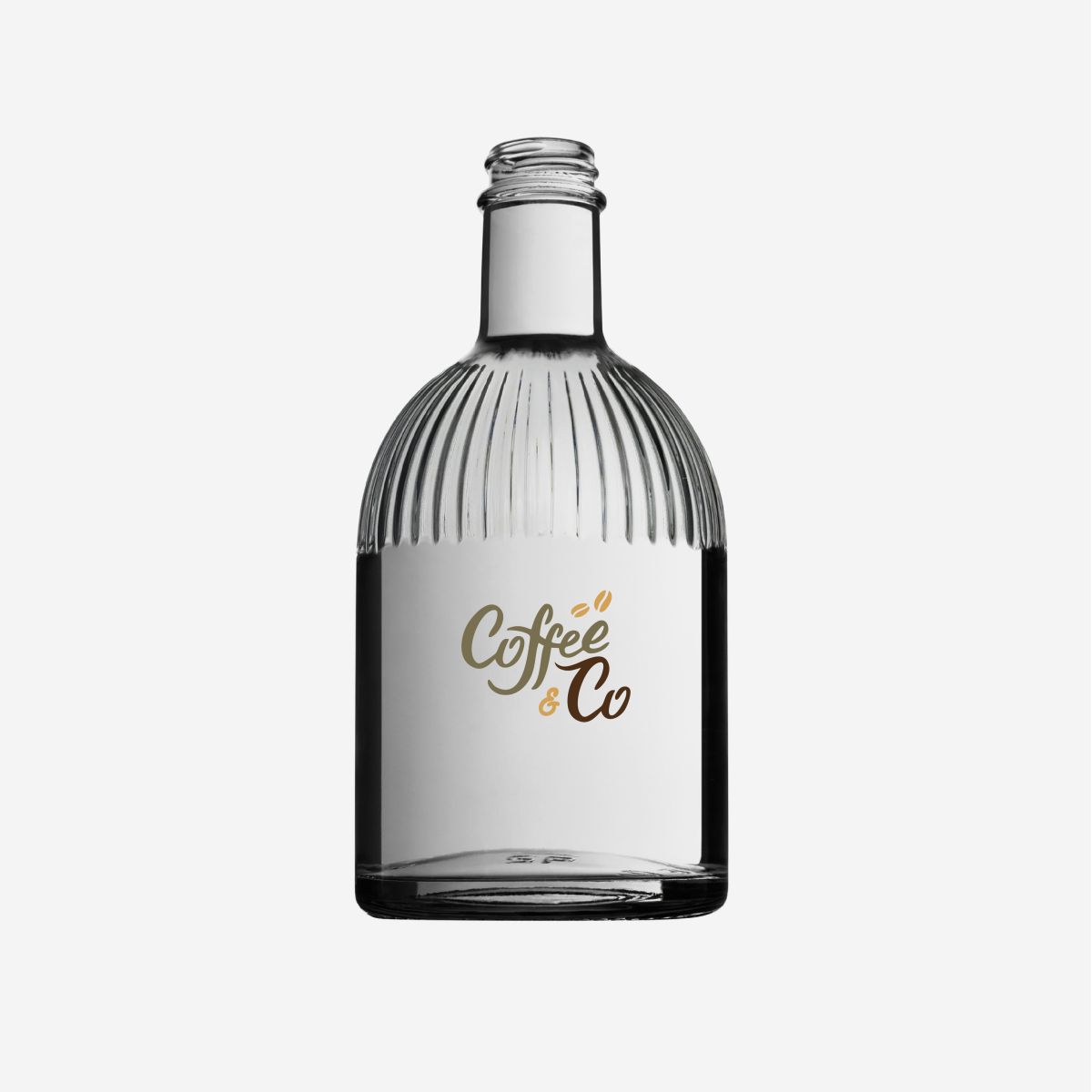 Glazen Florence fles 0,5 liter met CoffeeCo logo in meerdere kleuren, duidelijk zichtbaar op het vooraanzicht.