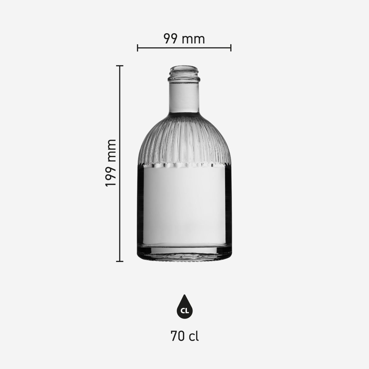 Infographic van Florence fles 0,7 liter met productafmetingen zoals hoogte, diameter en inhoud overzichtelijk weergegeven.