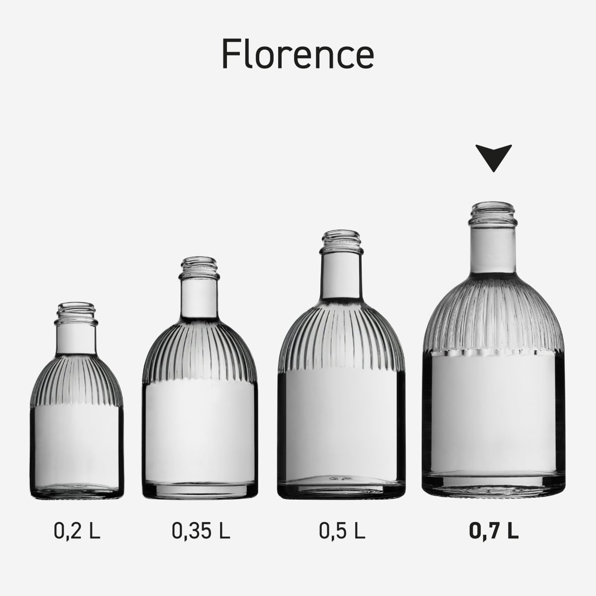 Serie Florence flessen in glas, naast elkaar gepresenteerd met uniforme vorm en uitstraling.
