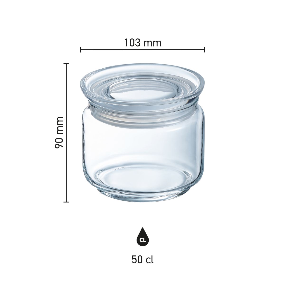 Infographic met productafmetingen van een glazen pot van 0,5 liter met deksel, helder en overzichtelijk.