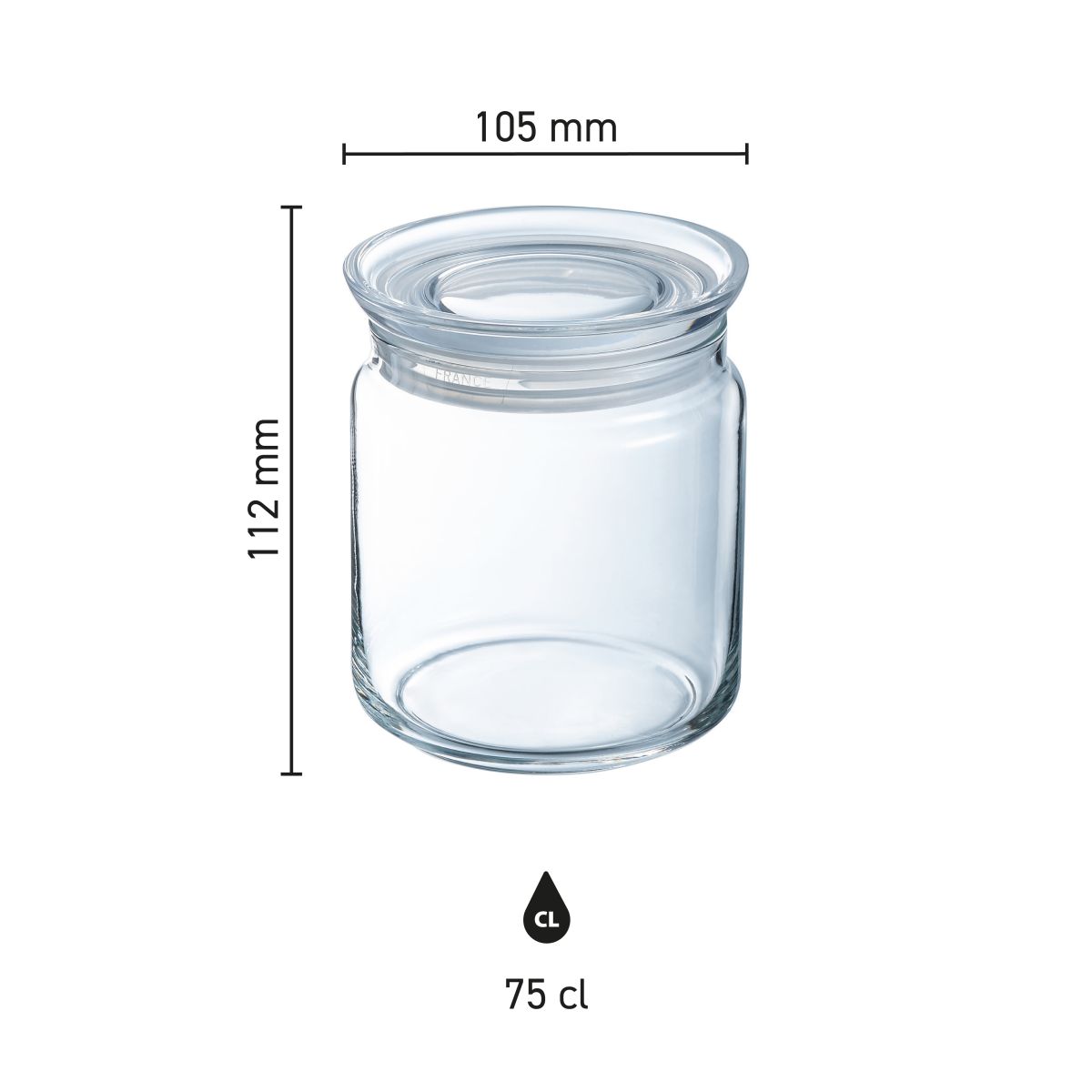 Infographic met afmetingen van een glazen pot van 0,75 liter met deksel, duidelijk en overzichtelijk.