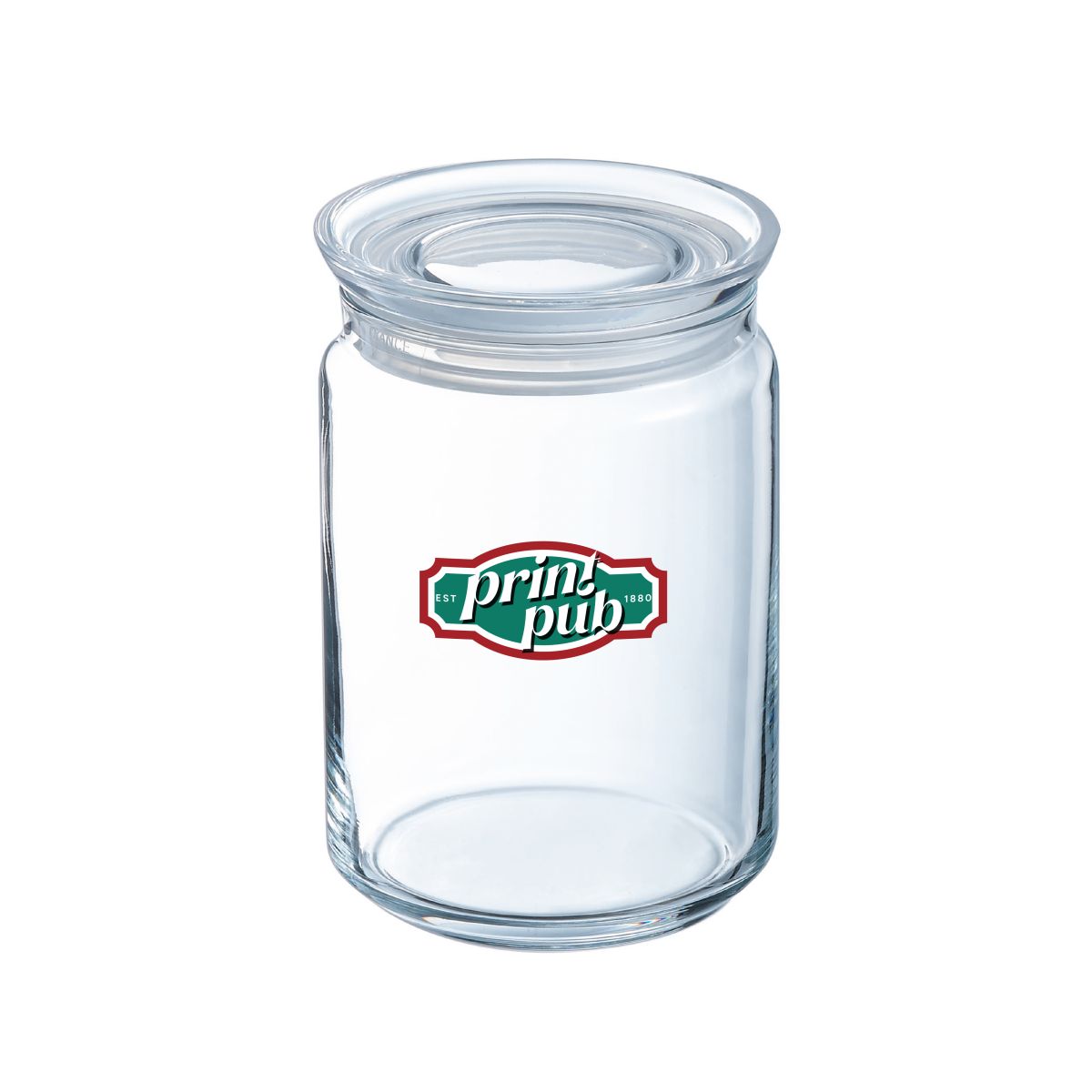 Glazen pot van 1 liter met deksel en PrintPub-logo in meerdere kleuren op het vooraanzicht.