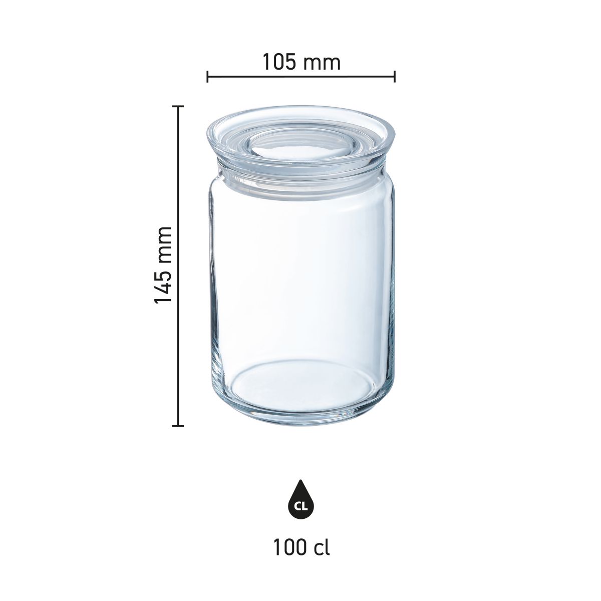 Infographic met afmetingen van een glazen pot van 1 liter met deksel, duidelijk en overzichtelijk.