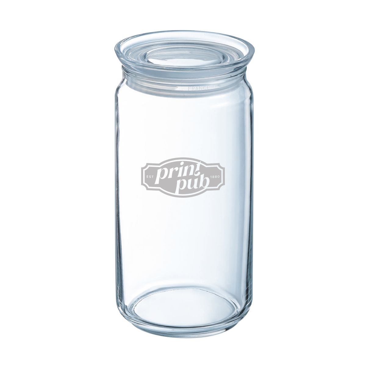Glazen pot van 1,5 liter met gegraveerd PrintPub-logo op de voorkant, transparant voorraadglas met gravure.