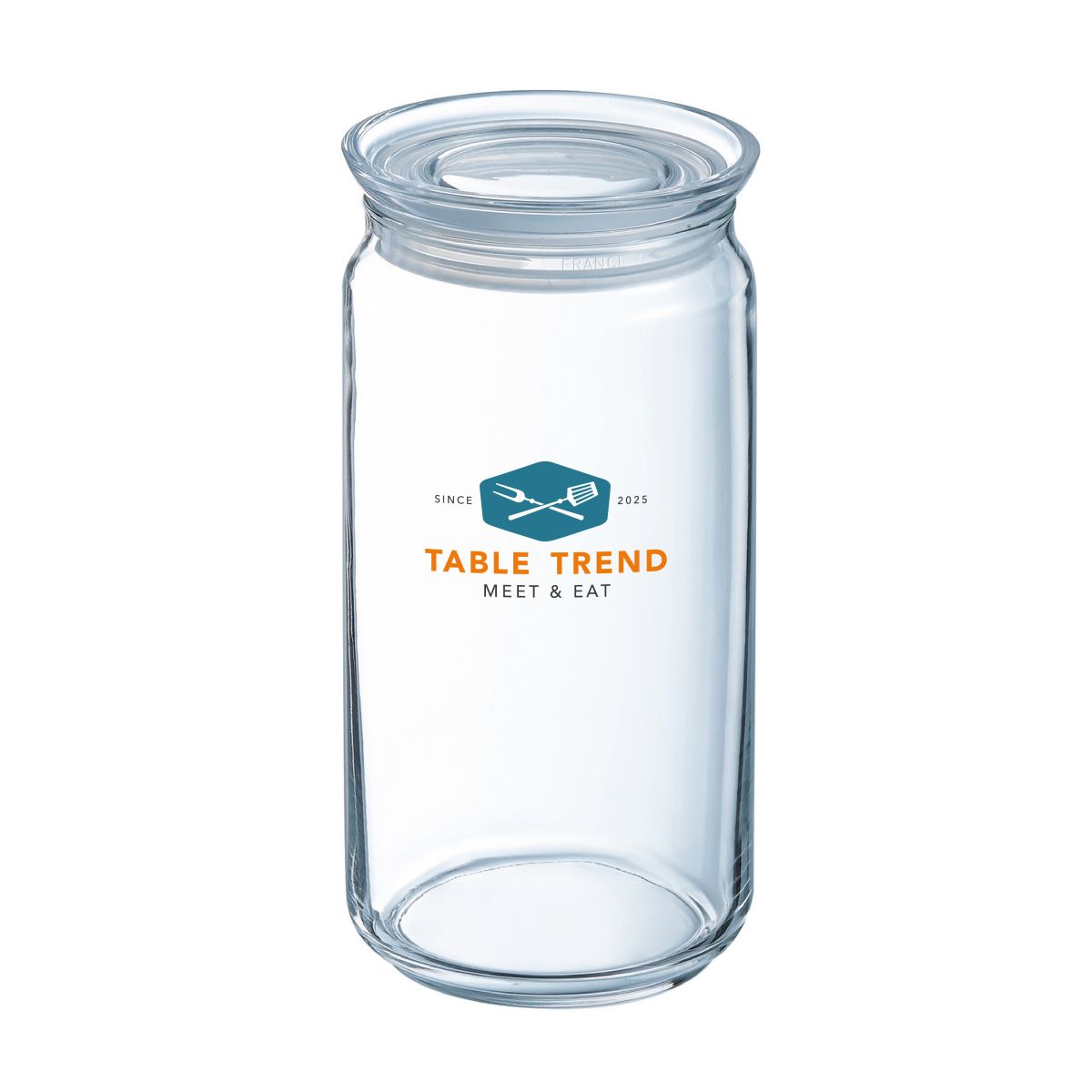Glazen pot van 1,5 liter met TableTrend-logo in kleur op de voorkant, transparant voorraadglas met bedrukking.