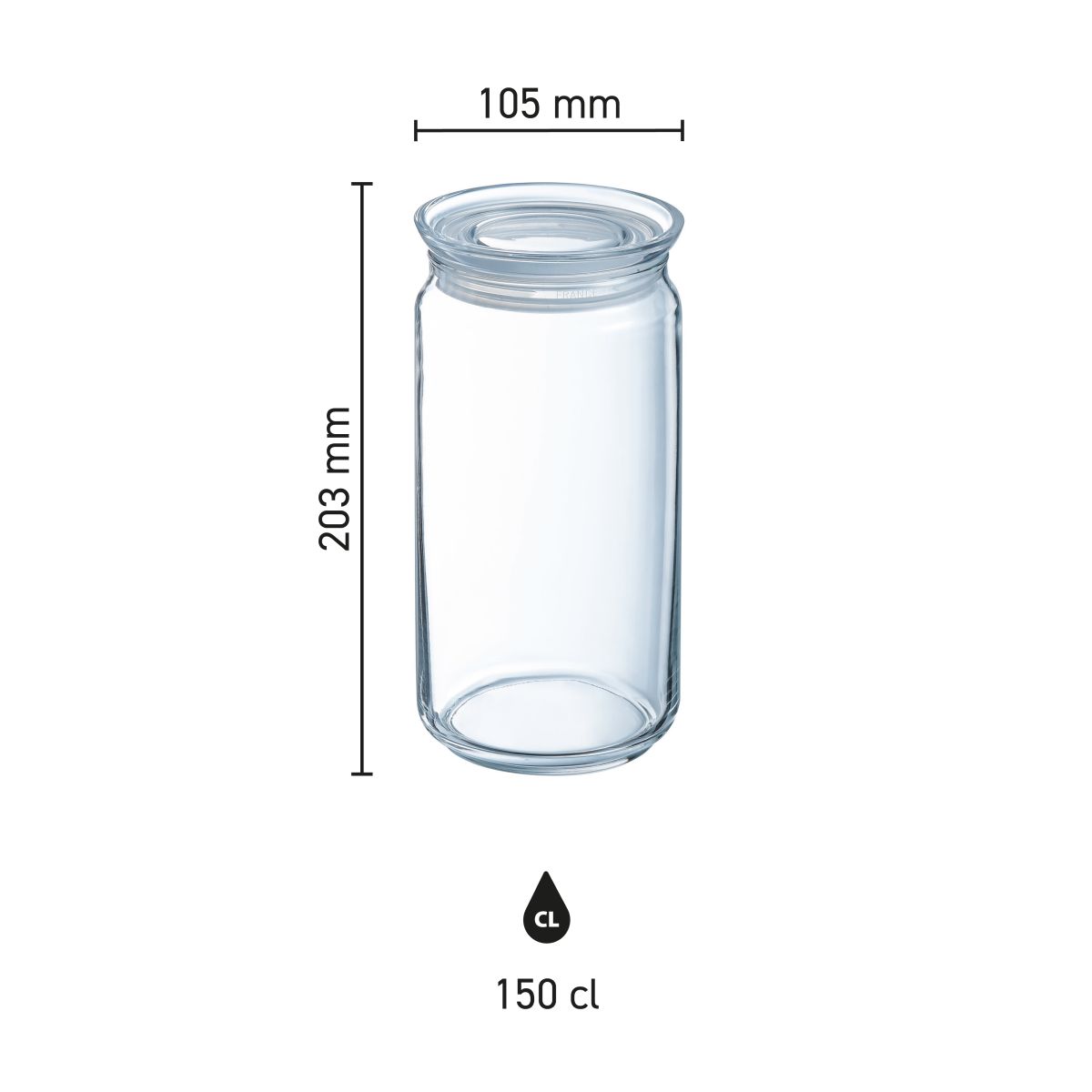 Infographic met afmetingen van een glazen pot van 1,5 liter met deksel, transparant voorraadglas in maatoverzicht.