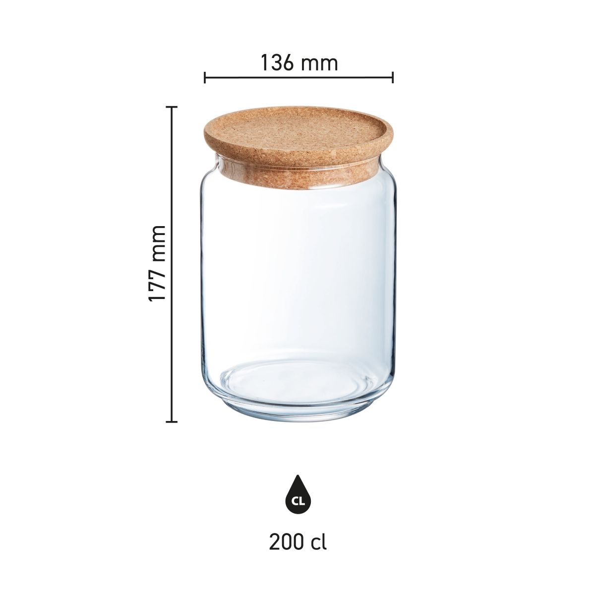Infographic met afmetingen van een glazen pot van 2 liter met deksel, transparant voorraadglas in overzicht.