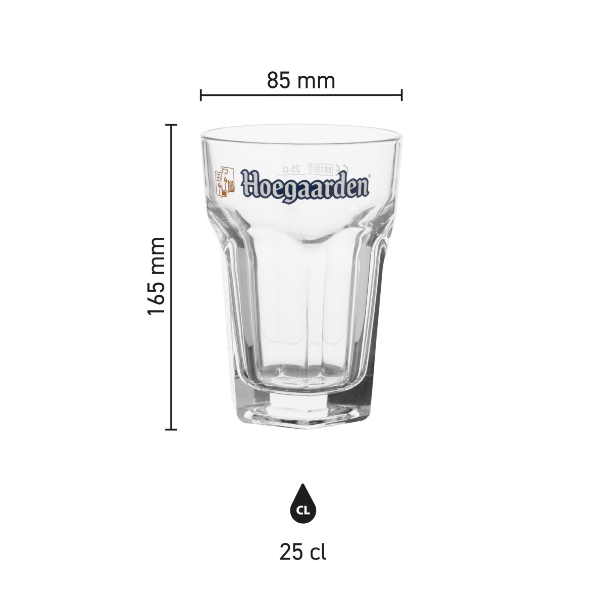 Infographic met productafmetingen van het Hoegaarden bierglas 25 cl in glas, inclusief hoogte en diameter.