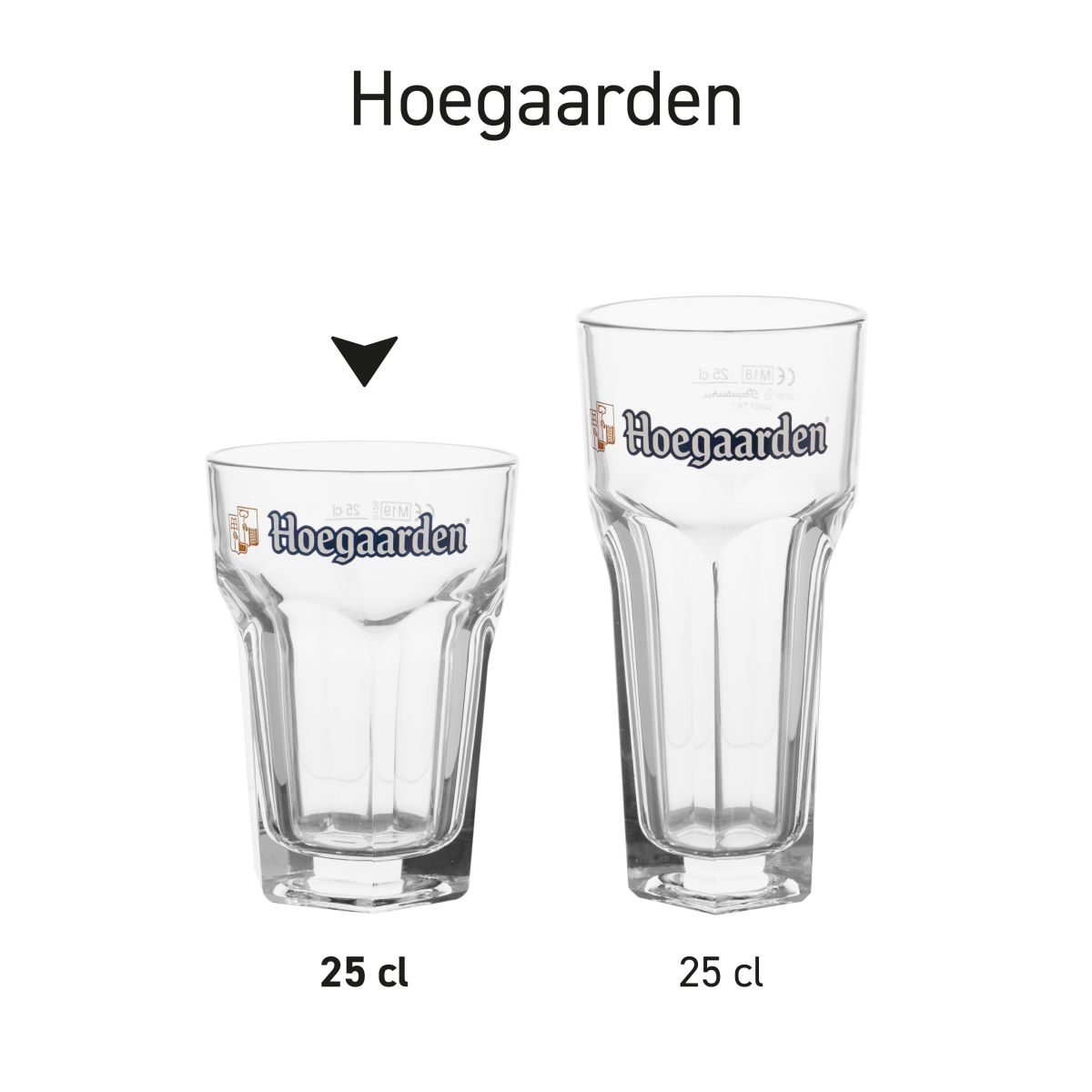 Serie van Hoegaarden bierglazen van 25 cl in helder glas, naast elkaar weergegeven als productoverzicht.