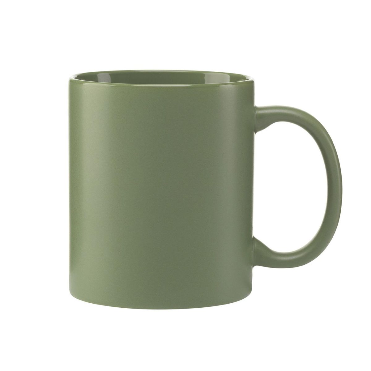 Vooraanzicht van Kitty mok mat 35 cl. in groen porselein met glad mat oppervlak en rechte cilindervorm.