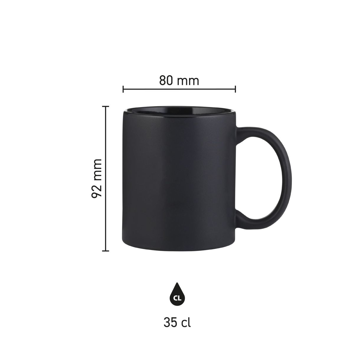 Infographic toont afmetingen van Kitty mok mat 35 cl. porselein met hoogte- en diameterdetails.