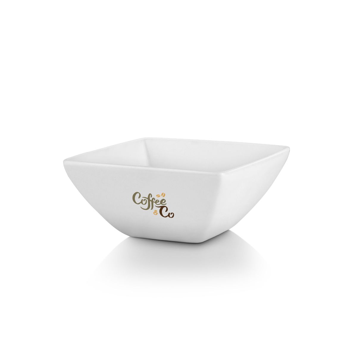 Vierkante Squito kom 14 cm van porselein met meerkleurig logo CoffeeCo op het vooraanzicht.
