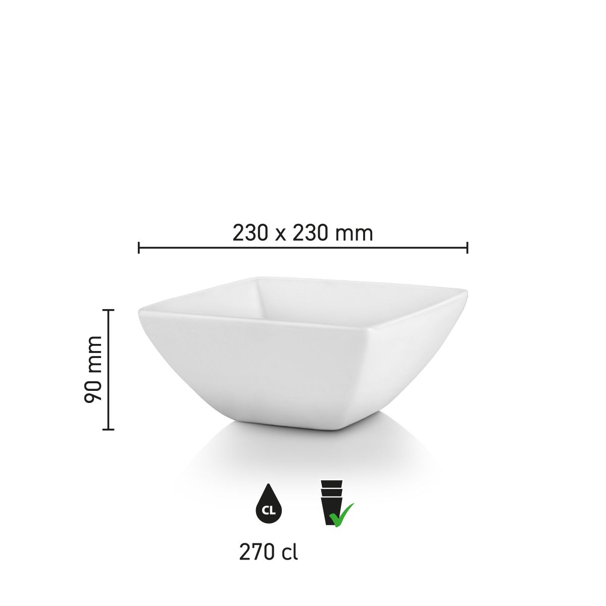 Infographic met afmetingen van de kom vierkant Squito 23 cm in porselein.
