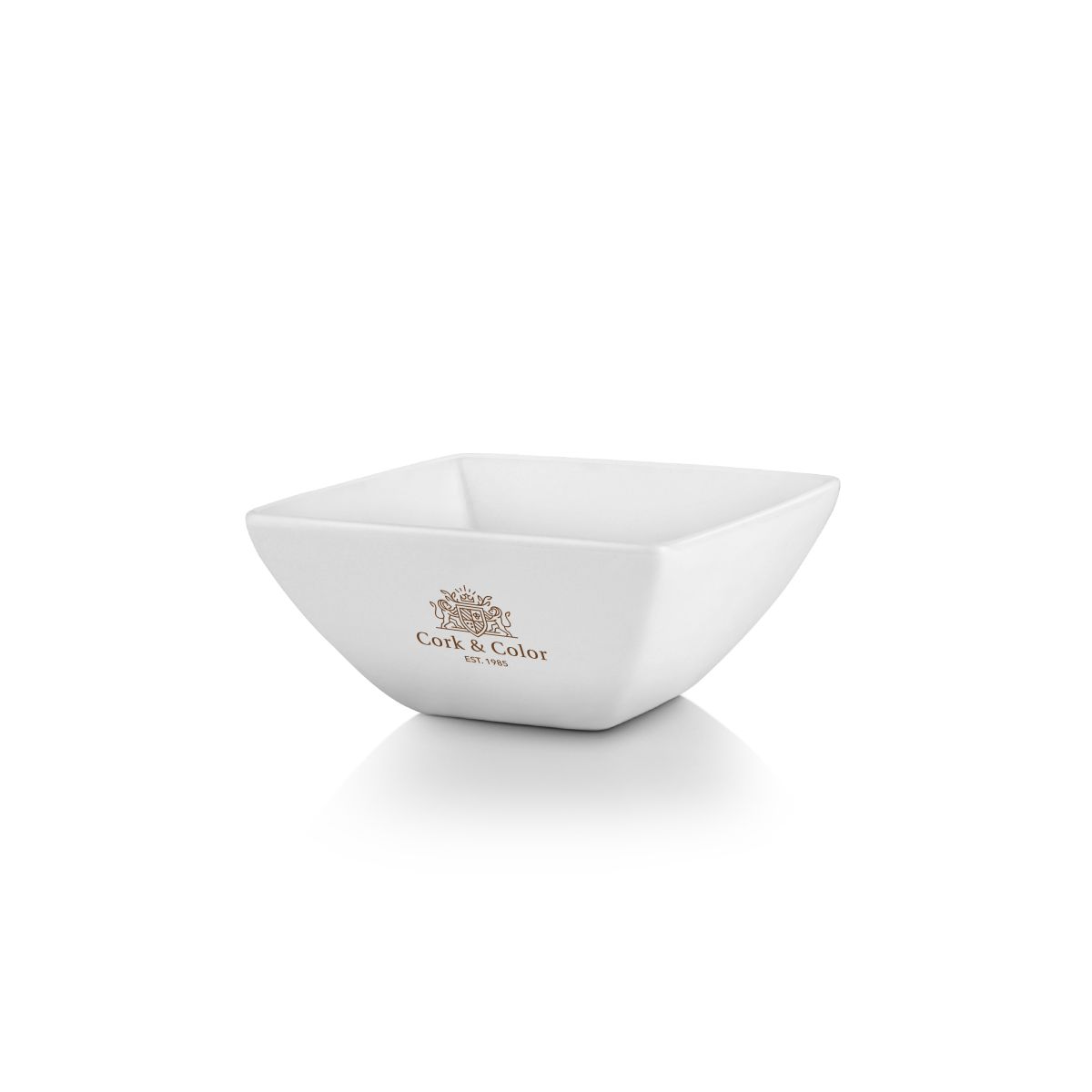 Vierkante Squito kom 7 cm van porselein met meerkleurig logo CoffeeCo op het vooraanzicht.