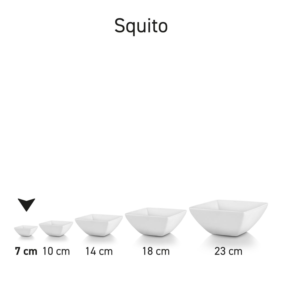 Overzicht van de Squito kom serie in porselein, meerdere vierkante kommen in verschillende afmetingen naast elkaar.