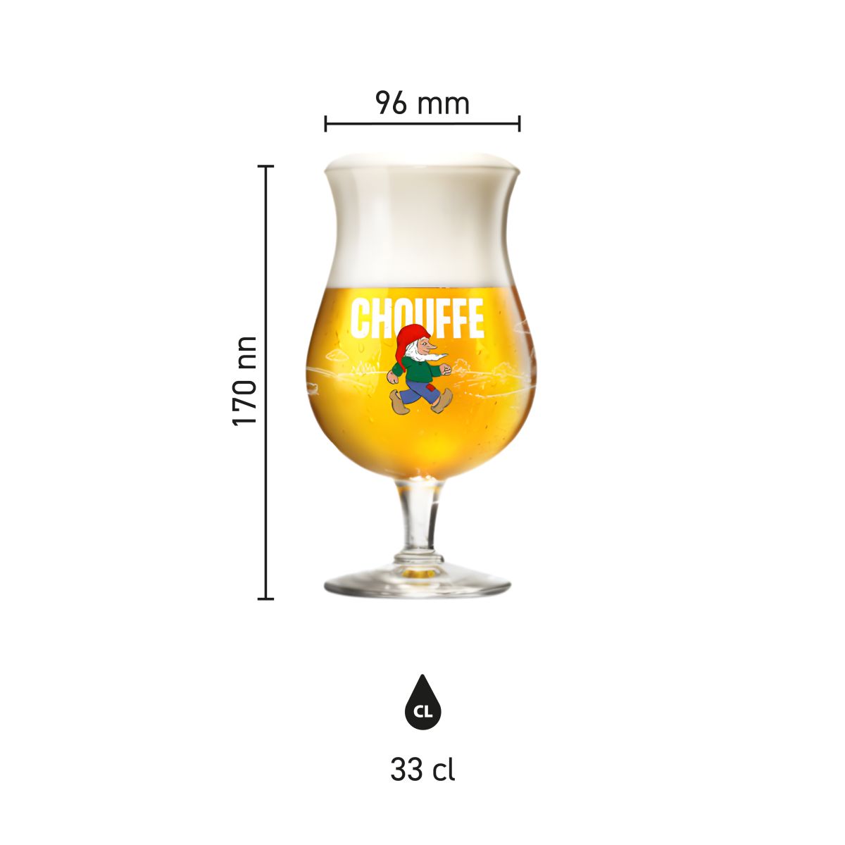 Infographic van La Chouffe bierglas 33 cl met productafmetingen: hoogte en diameter