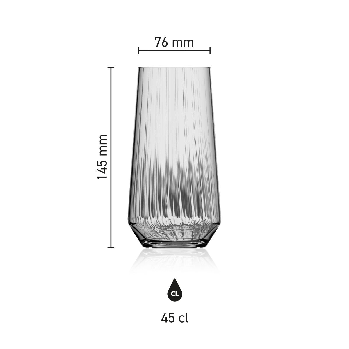 Infographic met productafmetingen van Melody lines tumbler 45 cl. glas inclusief diameter en hoogte.