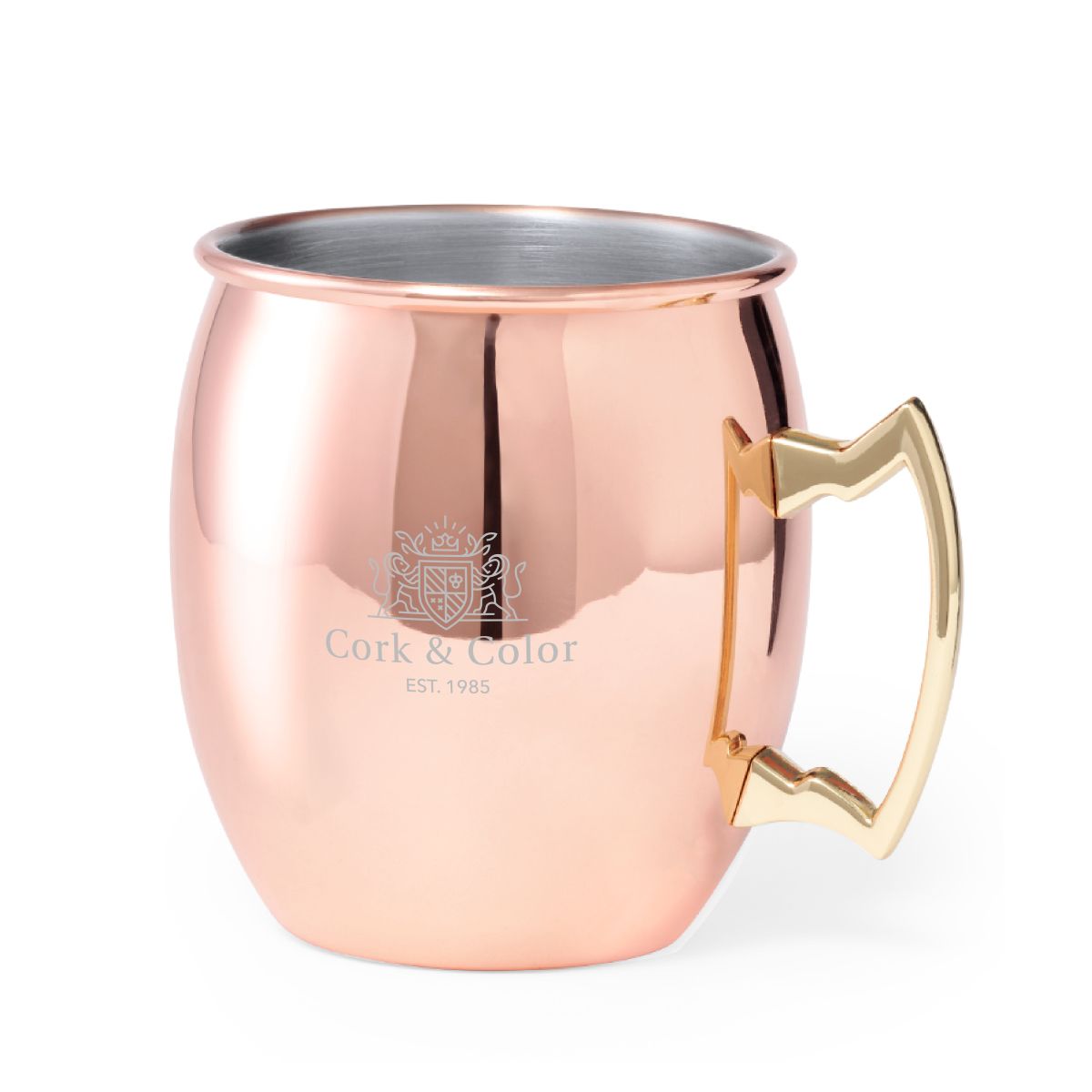 Moscow Mule beker van RVS van 50 cl met gegraveerd CorkColor-logo op de voorkant van de beker.