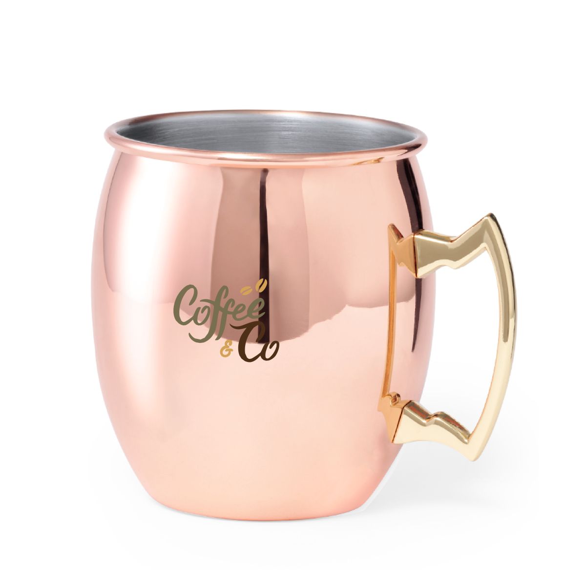 Moscow Mule beker van RVS van 50 cl met CoffeeCo-logo in kleur op de voorkant van de metalen beker.