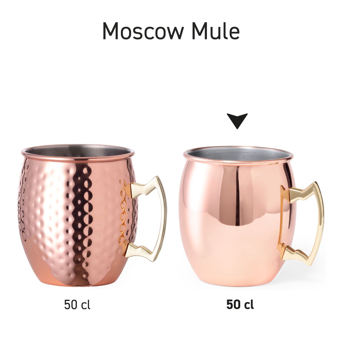 Serie van meerdere Moscow Mule bekers van RVS van 50 cl. getoond als set met gelijke metalen afwerking.