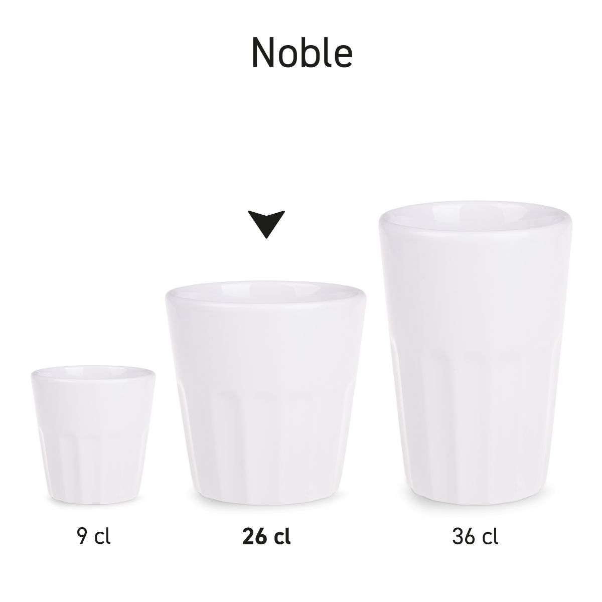 Serie Noble bekers van porselein overzichtelijk naast elkaar gepresenteerd.