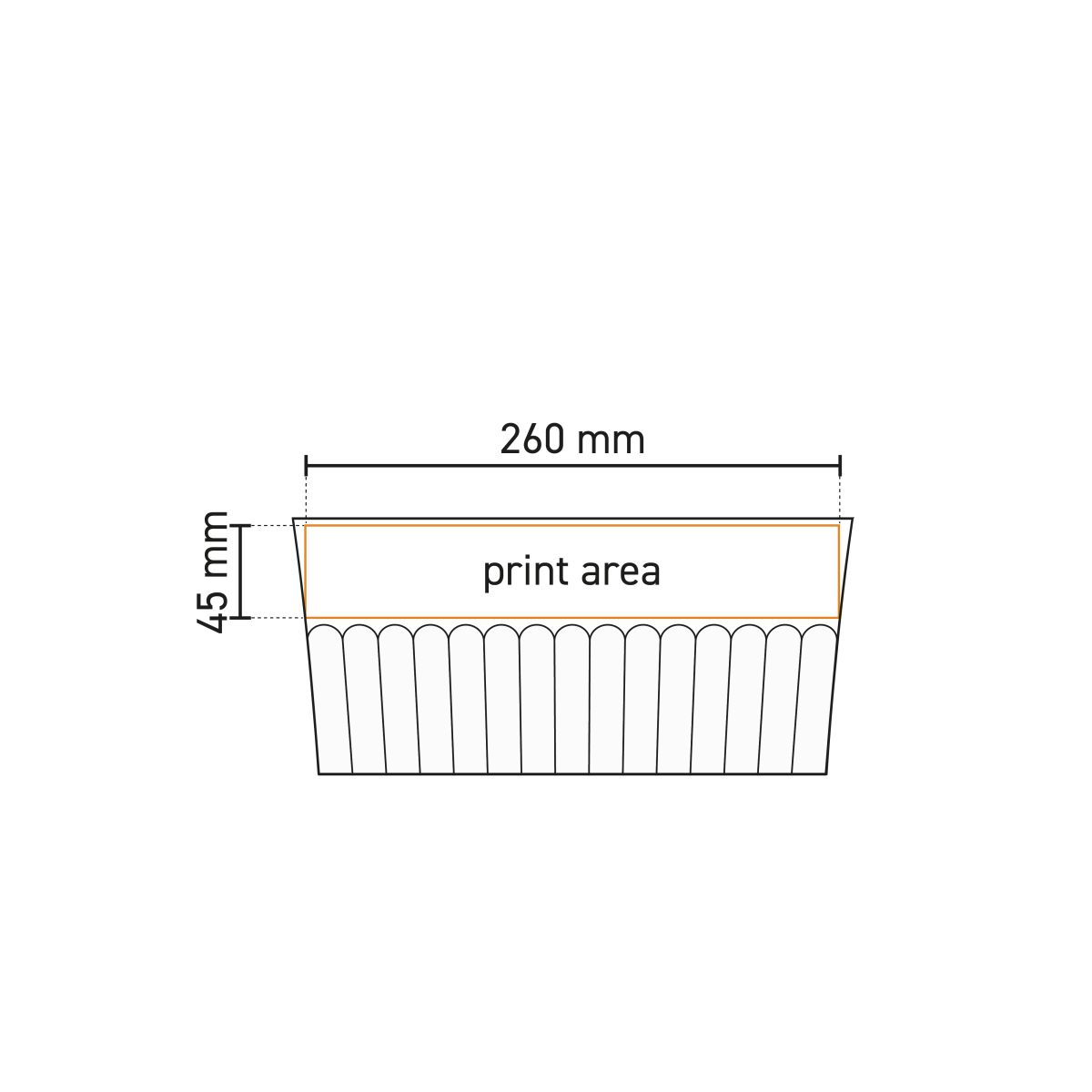 Werktekening van Noble beker 36 cl porselein met gemarkeerd drukgebied voor logo.