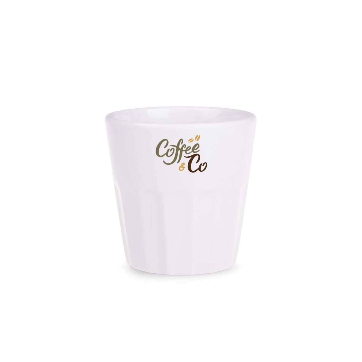 Noble beker 9 cl van porselein met meerkleurig CoffeeCo logo op voorzijde.