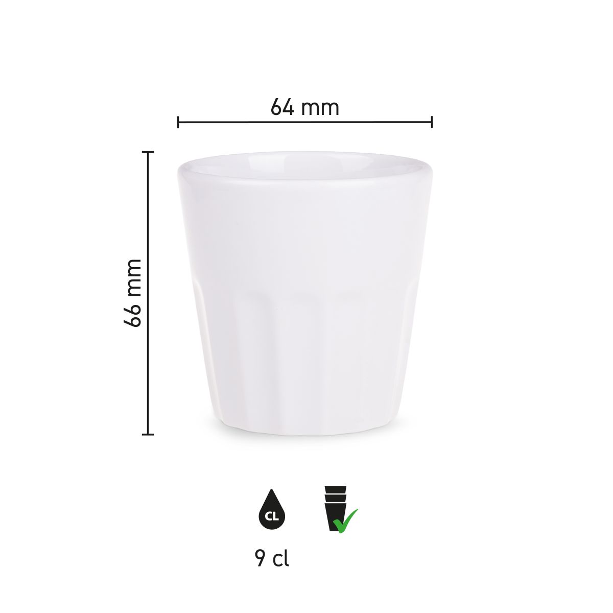 Infographic van Noble beker 9 cl porselein met duidelijke productafmetingen en inhoudsmaat.