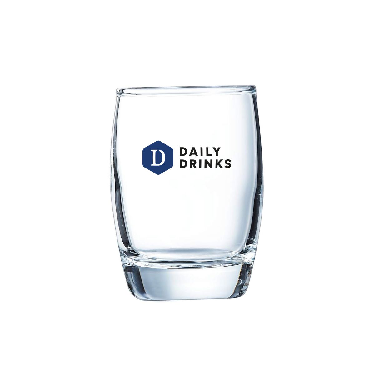 Salto borrelglas 6,5 cl van glas met meerkleurig logo van DailyDrinks op het vooraanzicht.