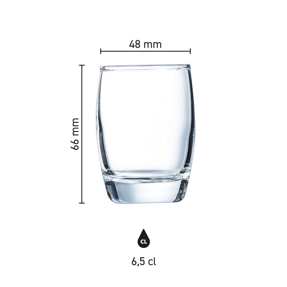 Infographic met productafmetingen van het Salto borrelglas 6,5 cl in glas, inclusief hoogte en diameter.