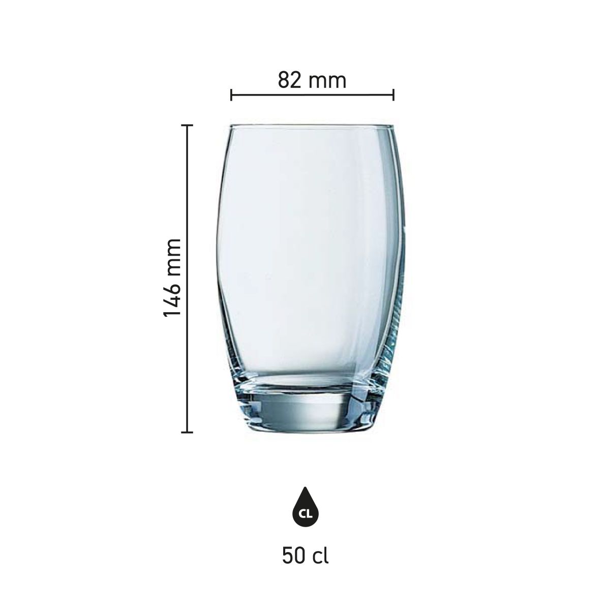 Infographic met productafmetingen van Salto Tumbler 50 cl glas inclusief hoogte en diameter.