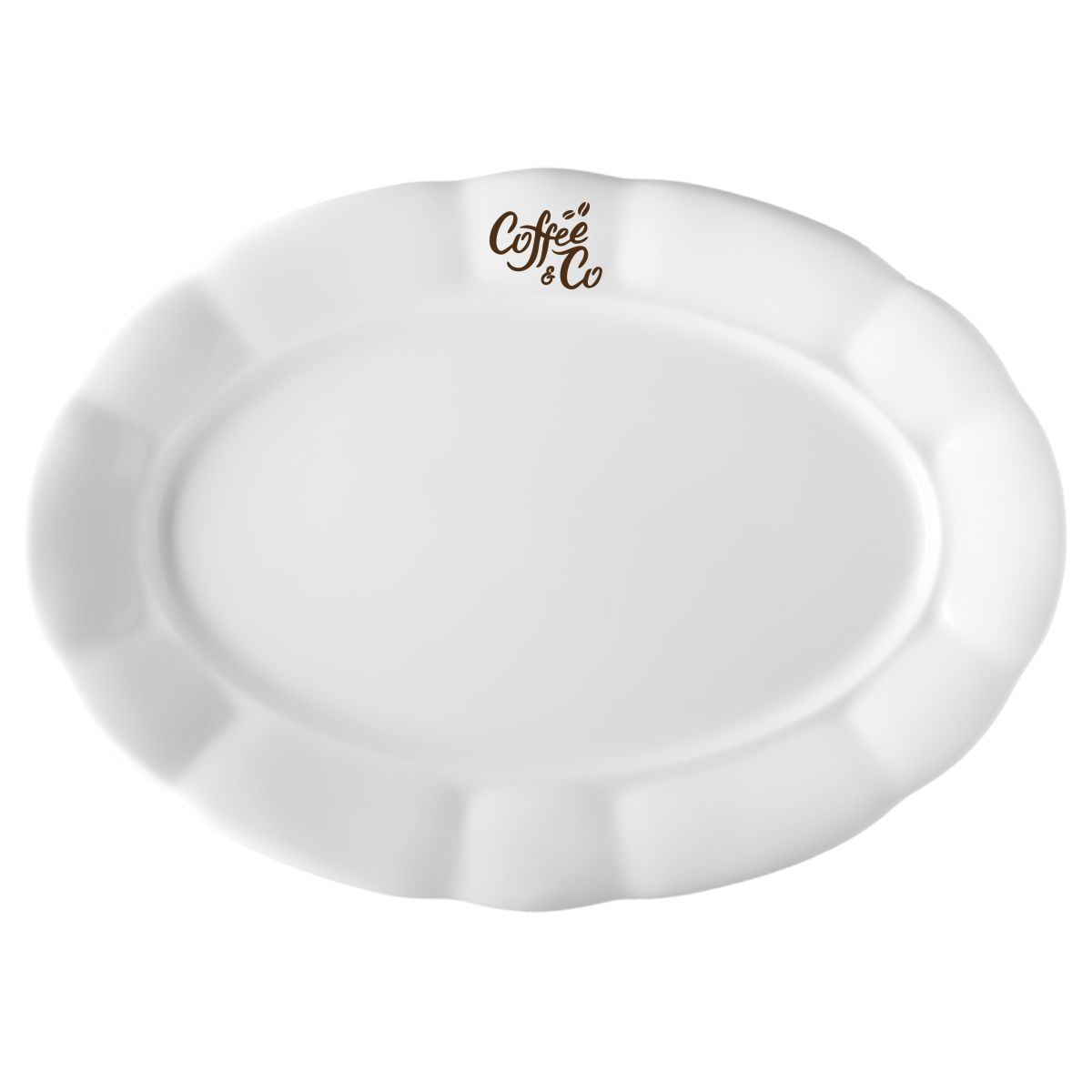 Porseleinen schaal Bernice 36 cm met CoffeeCo logo in één kleur op het vooraanzicht.