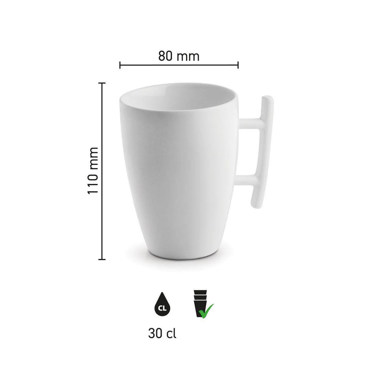 Infographic met productafmetingen van de Squito mok 30 cl. in porselein.