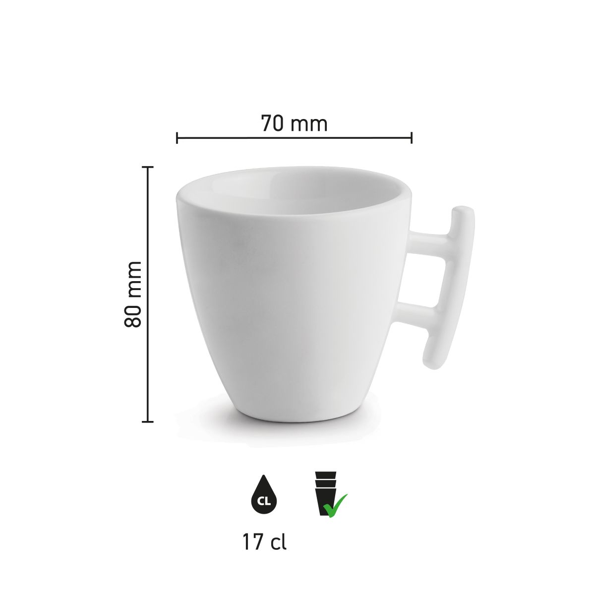 Infographic met productafmetingen van de Squito kop 17 cl. in porselein.