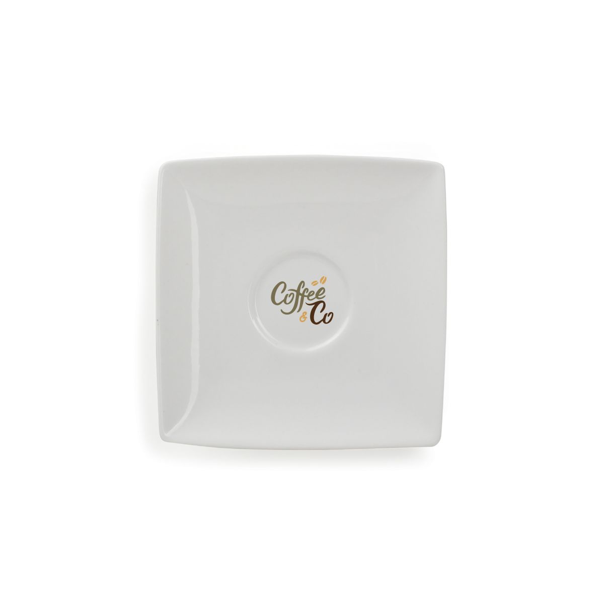 Squito espresso schotel 10 cm van porselein met meerkleurig CoffeeCo logo op de bovenzijde.
