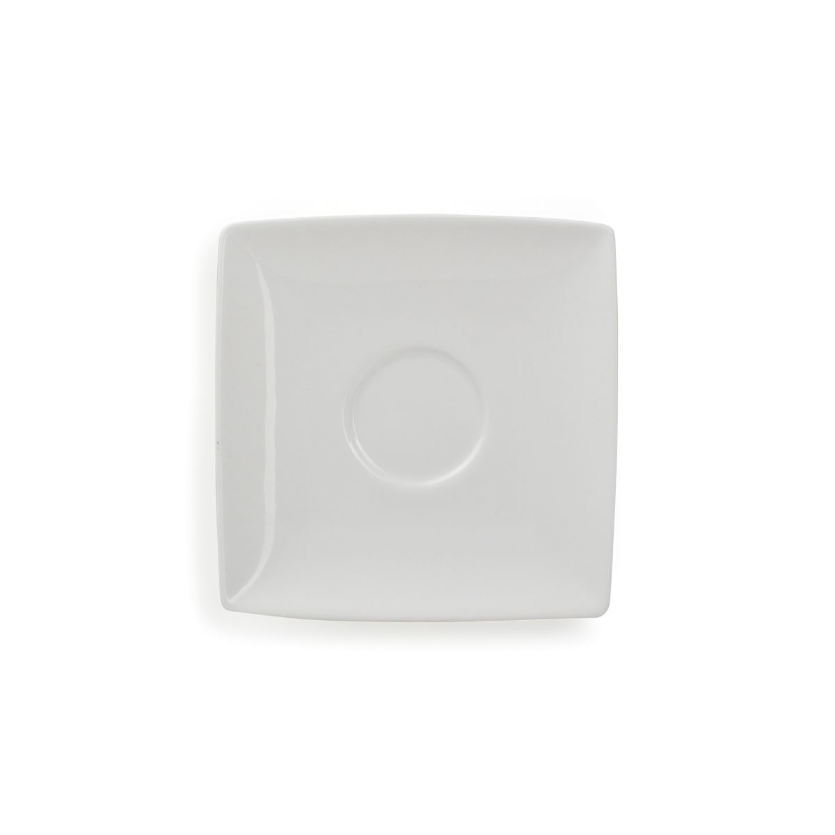 Witte Squito espresso schotel 10 cm van porselein in vooraanzicht met ronde vorm en vlakke rand.