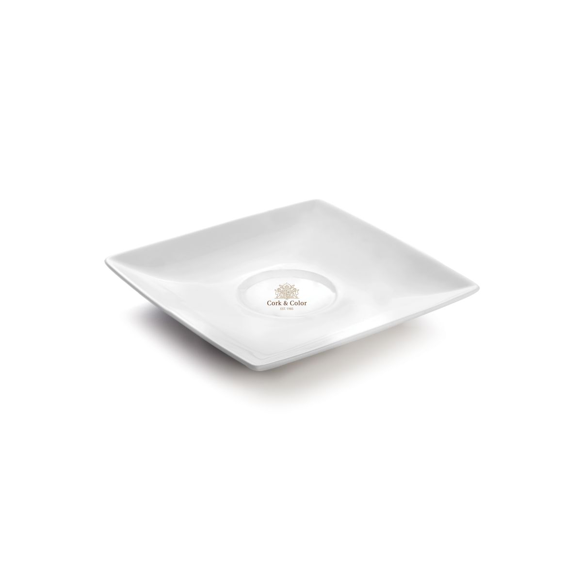 Squito koffie schotel 13 cm van porselein met meerkleurig CorkColor logo op de bovenzijde.