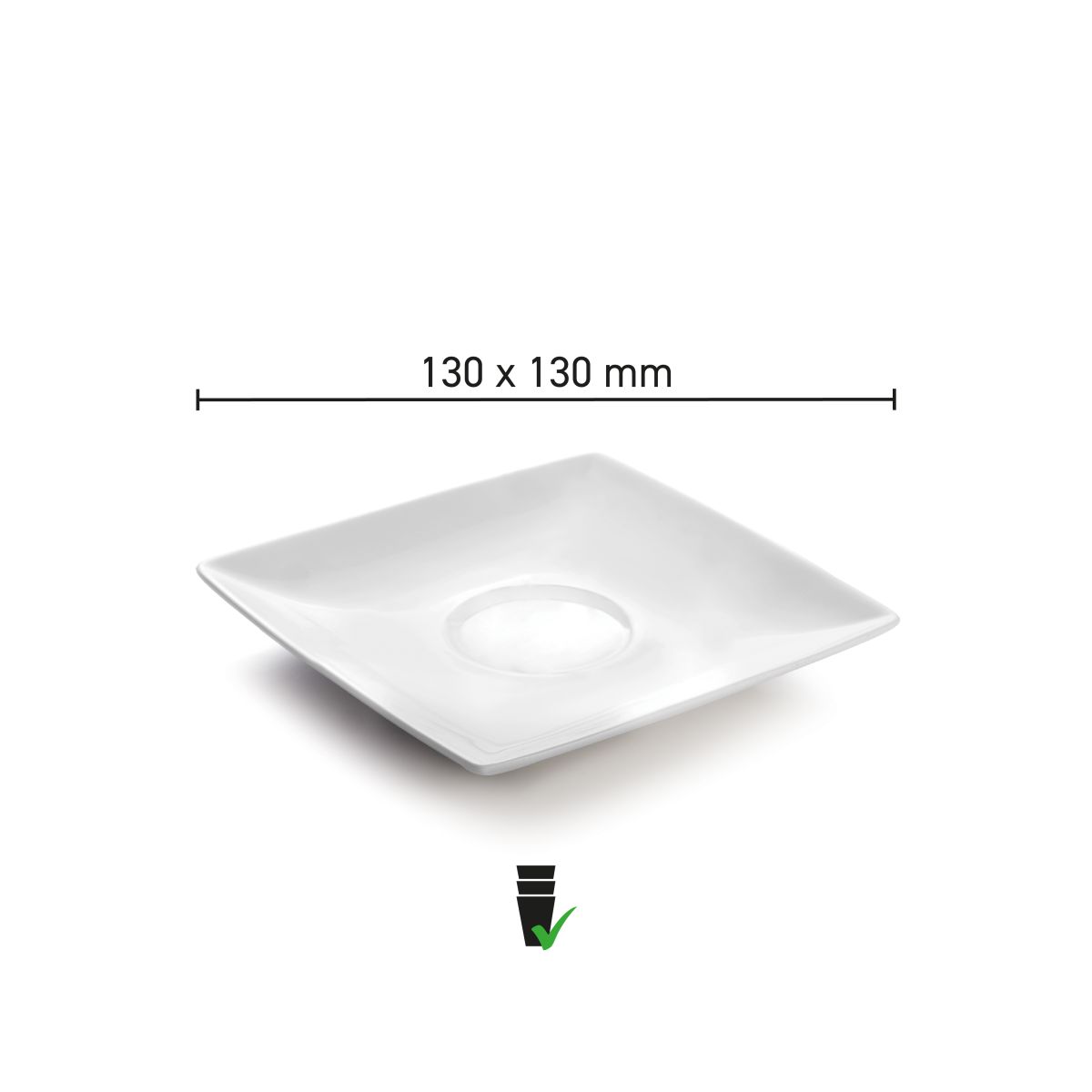 Infographic met productafmetingen van de Squito koffie schotel 13 cm in porselein.