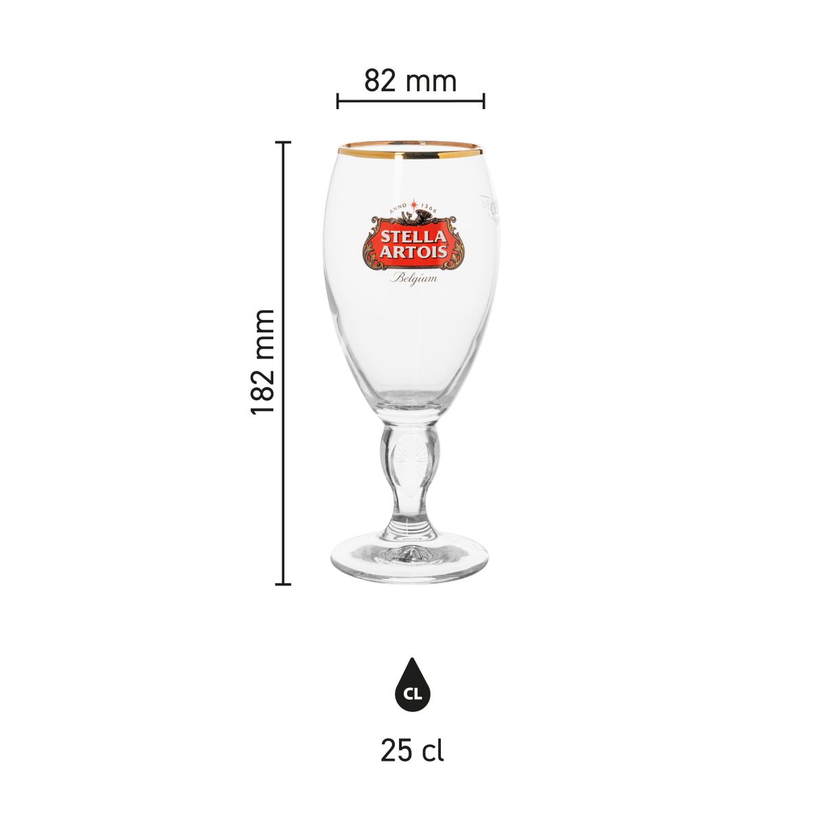 Infographic van Stella Artois bierglas 25 cl in glas met afmetingen zoals hoogte en diameter duidelijk.