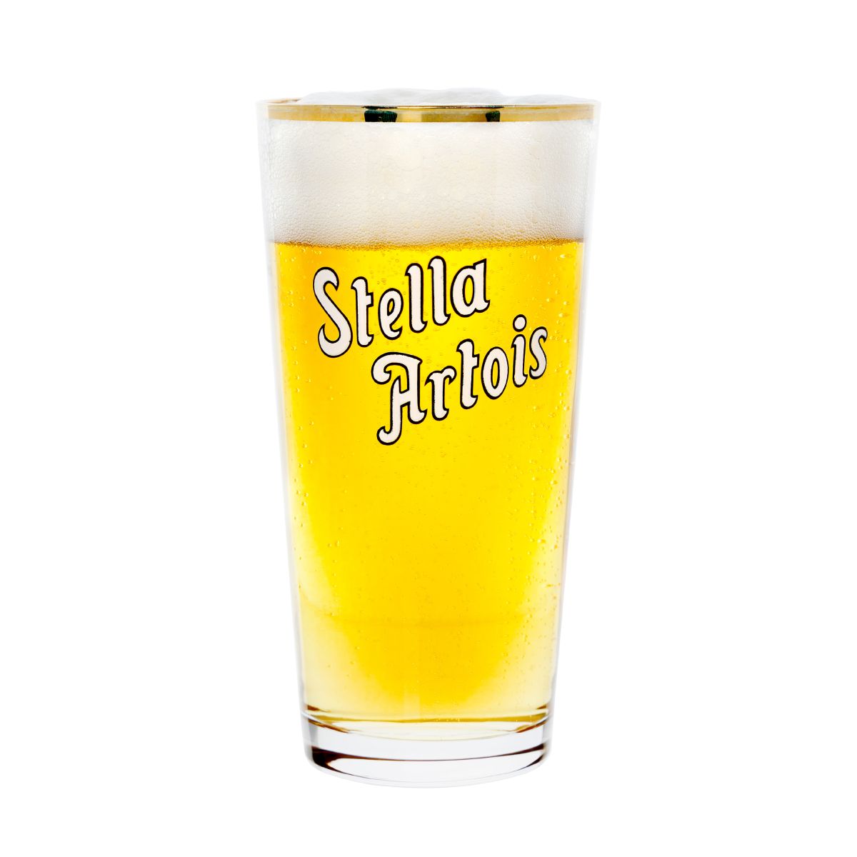 Gevuld Stella Artois boerke glas van 33 cl. met zichtbaar logo op witte achtergrond in vooraanzicht.