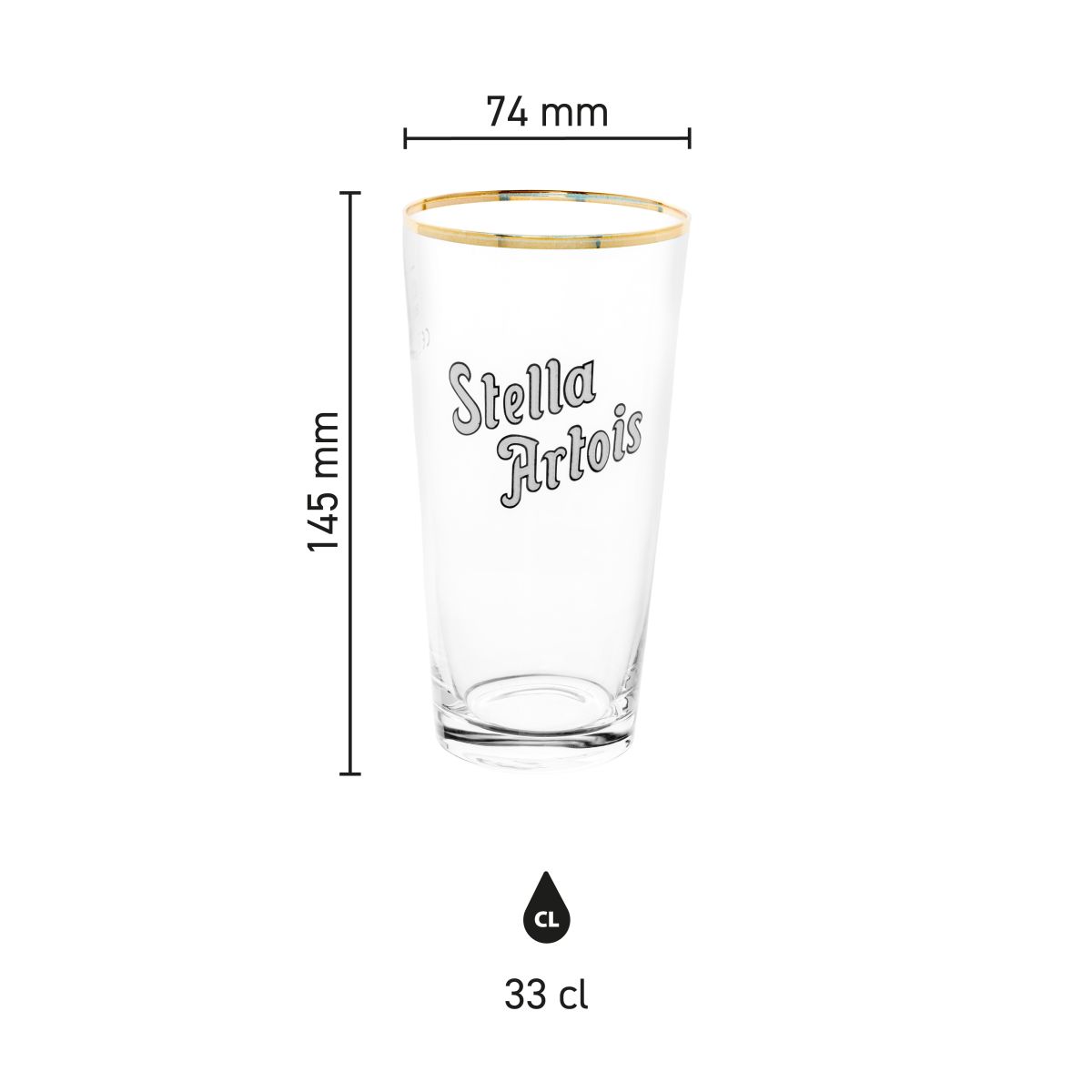 Infographic van Stella Artois boerke glas 33 cl met afmetingen zoals hoogte en diameter weergegeven.