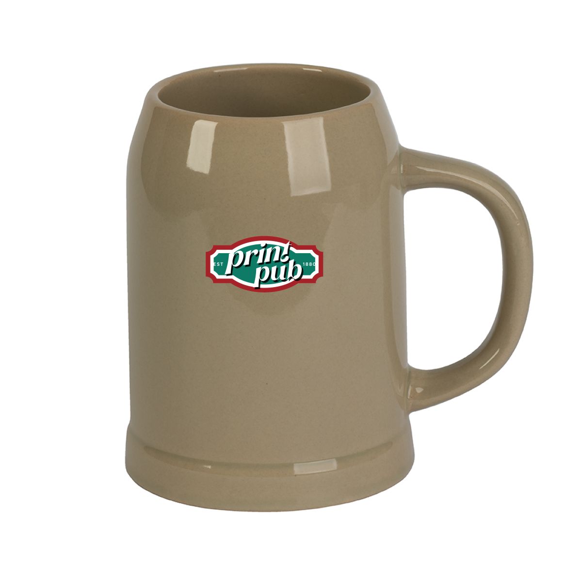 Stenen bierpul 50 cl van aardewerk met meerkleurig PrintPub logo duidelijk zichtbaar op de voorkant.