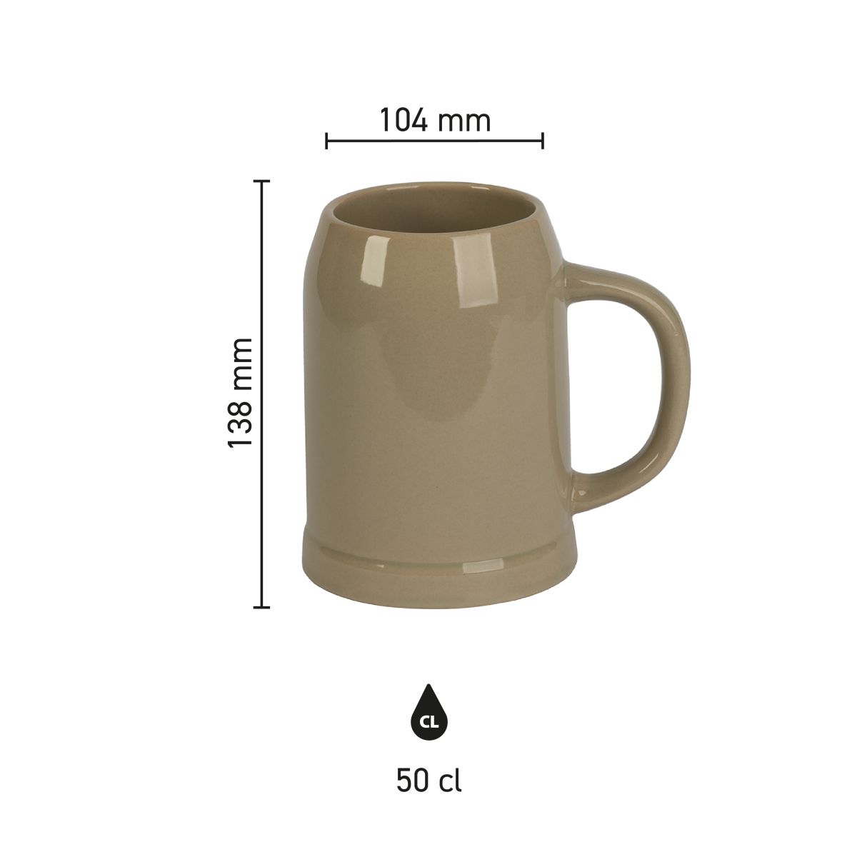 Infographic met productafmetingen van stenen bierpul 50 cl van aardewerk met aanduiding van hoogte en diameter.
