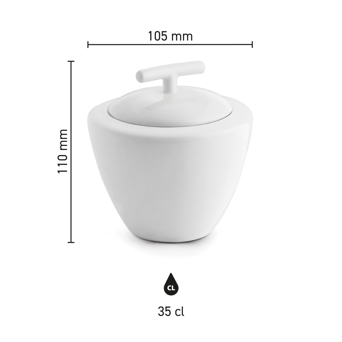 Infographic van suikerpot Squito 35 cl in porselein met overzicht van productafmetingen.