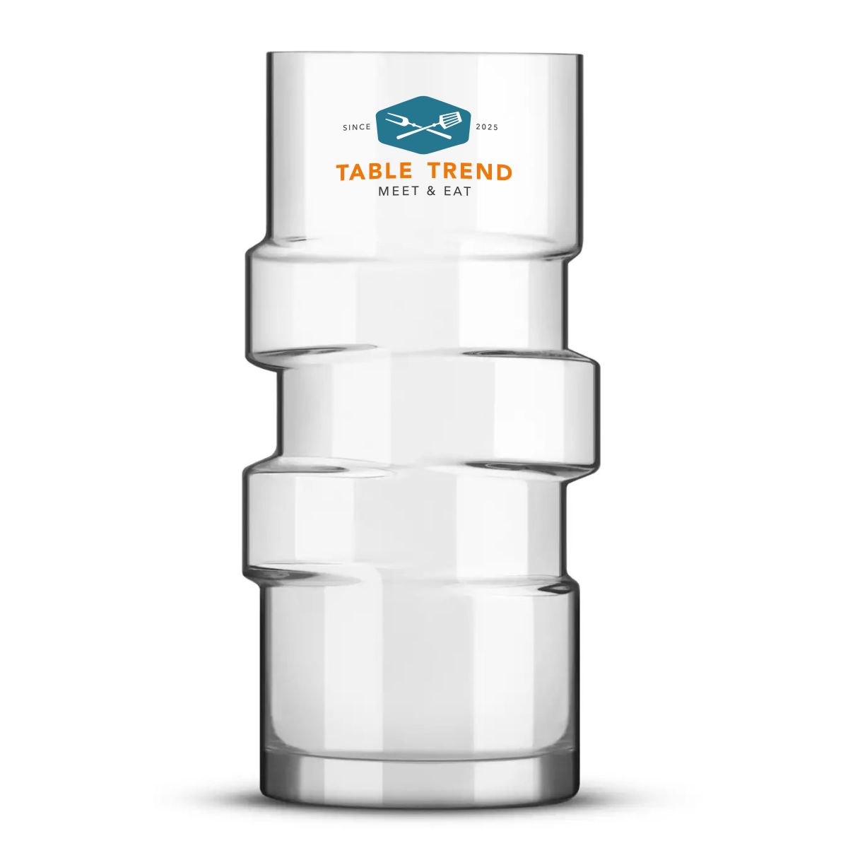 The Glitch longdrink glas 40 cl met TableTrend-logo in meerdere kleuren op het vooraanzicht van glas.
