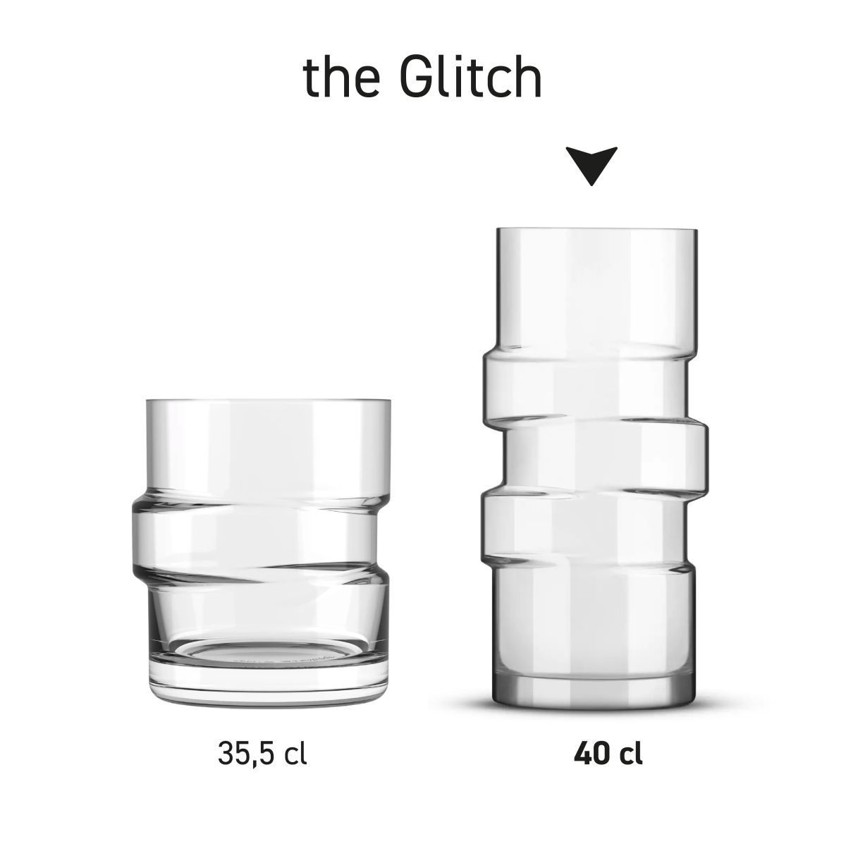 Serie van The Glitch longdrink glazen van 40 cl in transparant glas, naast elkaar opgesteld.