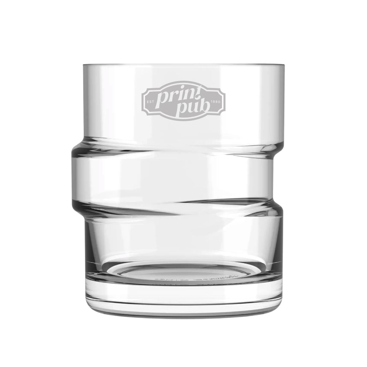 Transparant The Glitch tumbler glas 35,5 cl met gegraveerd PrintPub-logo op de voorzijde.