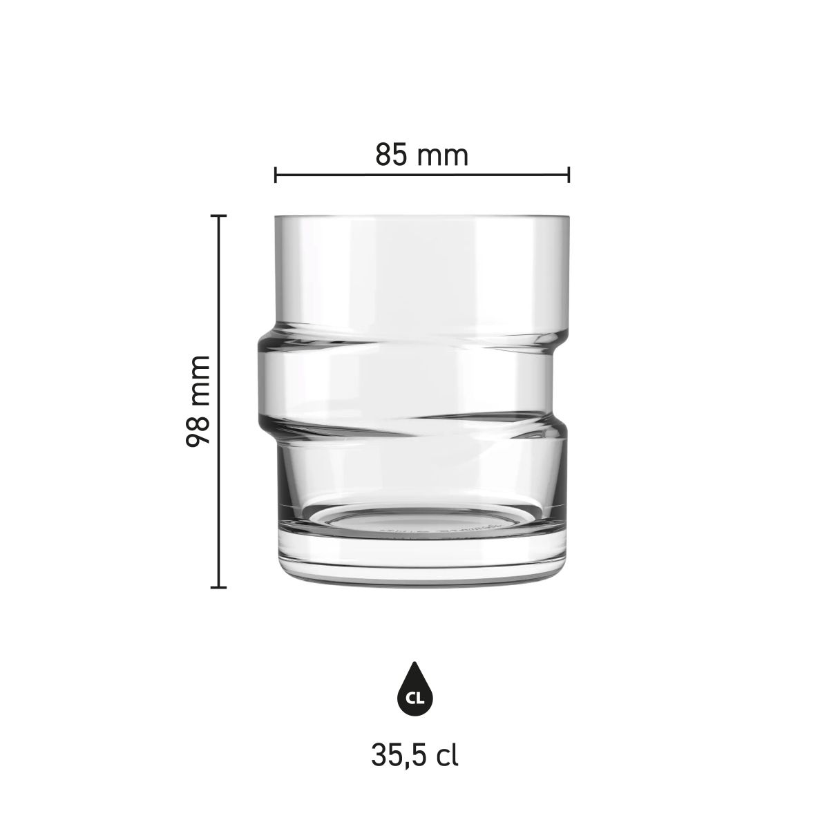 Infographic van The Glitch tumbler glas 35,5 cl. met duidelijke weergave van hoogte en diameter.